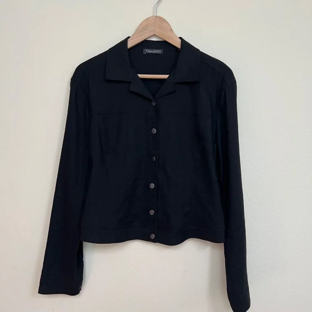TAHARI Black Button-Front Long-Sleeve Linen Blend Jacket Women’s Large - Picture 6 of 9